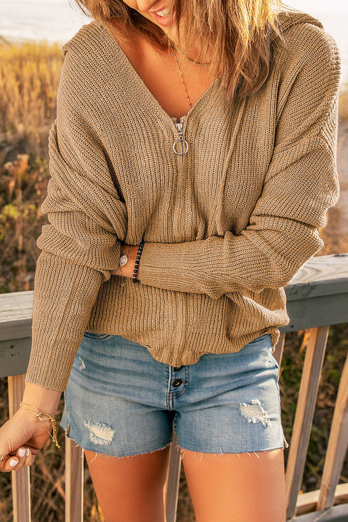 Zipper V-Neck Dropped Sleeve Hooded Solid Sweater